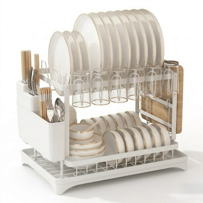 Dewhut대용량이고 튼튼하며 내구성 좋고 조립 간편한 주방 수납 식기 건조대, 1개, 화이트, 2단