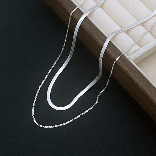 오누이디스플레이 여성 은도금 두줄 목걸이 레이어드 체인 목걸이 데일리 심플 목걸이
