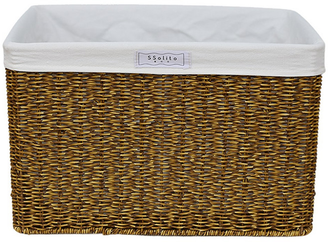 쏠리또 내츄럴 PP 오픈형 라탄바구니+코튼안감세트 사각바구니 수건 수납함 보관함, 짙은색(옵션5+화이트안감), 1세트
