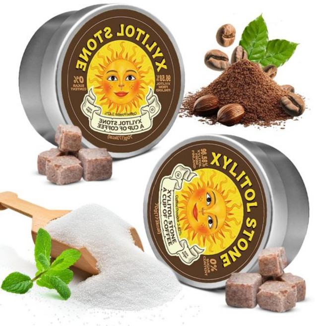 자일리톨 스톤 무설탕 사탕 - 비건 및 케토 친화적인 독특한 하드 캔디 100% 천연 향미 글루텐 프리 비유전자변형 무첨가 구취개선용 저칼로리 민트 페퍼민트 부스터 (2개 세트, 커피 (2팩), 70g