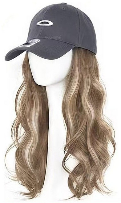 위피 여성 패션 모자 가발 일체형 긴머리 웨이브 자연스러운 염색모, 1개, 브라운화이트스티치