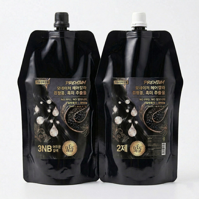 모네이처 PPD없는 새치염색약 NO암모니아 검정콩 흑미 추출물 대용량 1제500ml+2제500ml, 1개, 어두운갈색