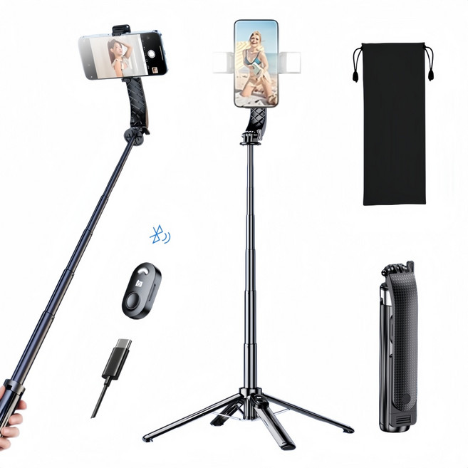 휴대폰 셀카봉 일체형 편리한 휴대 LED 뷰티 보광등 삼각대 사각대 GoPro 거치대 무선 블루투스 충전 스마트 리모컨, P07-블랙, 1개