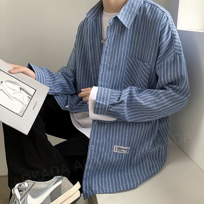 AOKADA 남성 오버핏 스트라이프 레트로 긴팔 셔츠 남방
