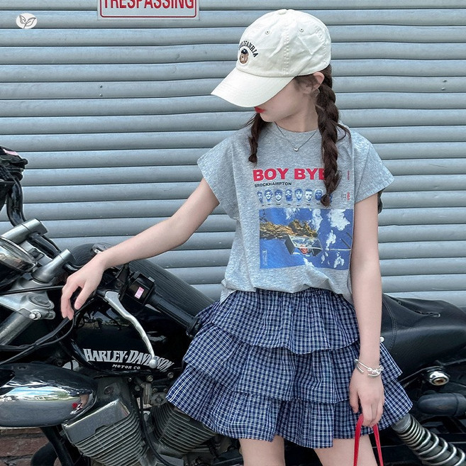 키즈목마 2025 여름 반팔+캉캉치마반바지 세트 주니어 초등 여아 체크무늬 치마바지 상하복(속반바지)659