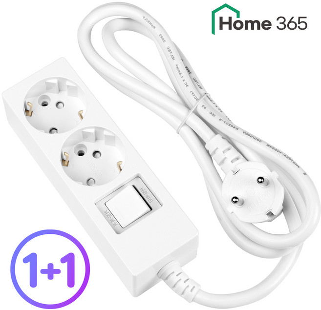 1+1 홈365 국산 과부하차단 2구 멀티탭 0.7m 1.5m 3m 5m 7m 10m / 16A 멀티콘센트, 과부하차단 2구 화이트, 2개