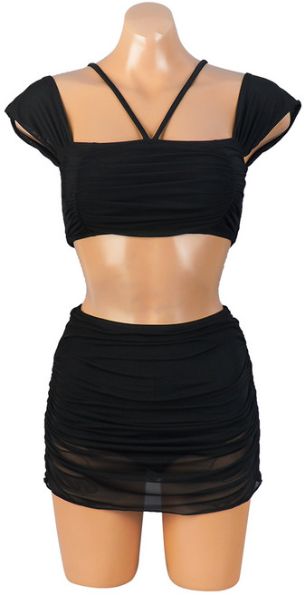 [비치팜]셔링 스커트 비키니 오프숄더 하이웨스트 2피스 수영복, 블랙