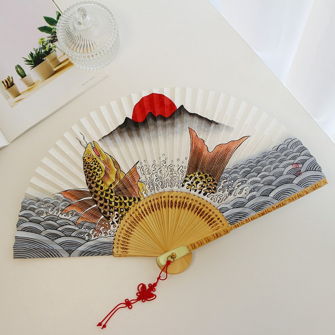 박씨상방 직접그린 청운작가 어룡도 전주 합죽선 대나무 접부채 전통 한지부채 외국인선물, 1개