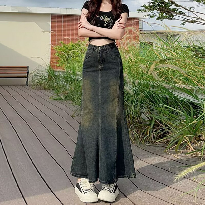 美式復古牛仔魚尾裙 高腰顯瘦中長裙