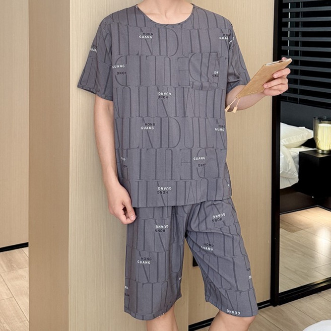男士兩件式綿綢印花夏季短袖短褲睡衣