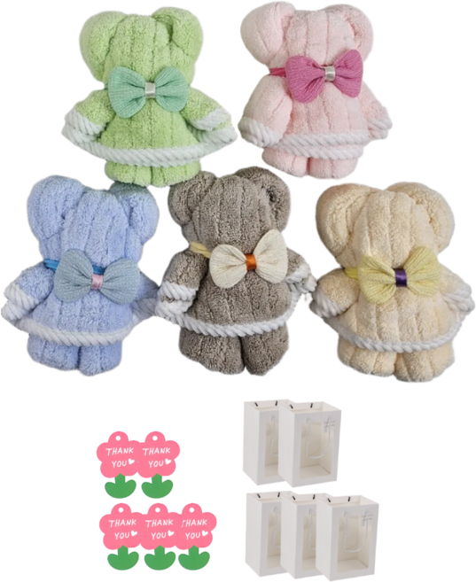탐나 곰돌이 수건 답례품 행주 곰모양 타올 구디백 행사 단체 선물 포장 세트, 5개, 혼합
