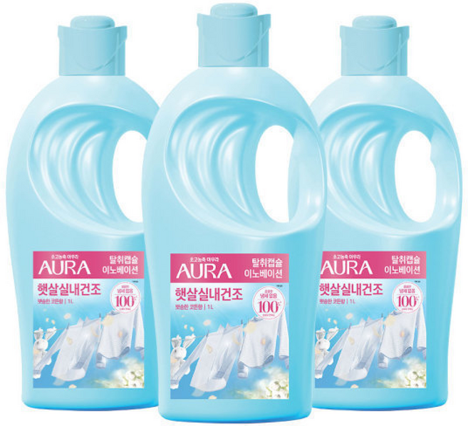 아우라 햇살실내건조 뽀송한 코튼향 섬유유연제 1L 3개