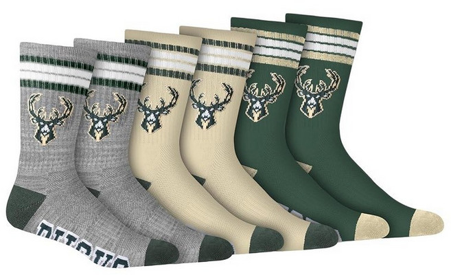 Ultra Game NBA 남성용 운동용 쿠션 세이프 핏 팀 크루 양말 - 3팩, Milwaukee Bucks