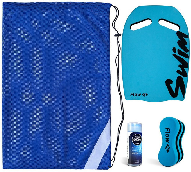 Flow Swim Gear 주니어 번들 - 메시 수영 가방 수영 샤모아 킥보드 주니어 부표 세트 (핑크/핑크 번들)