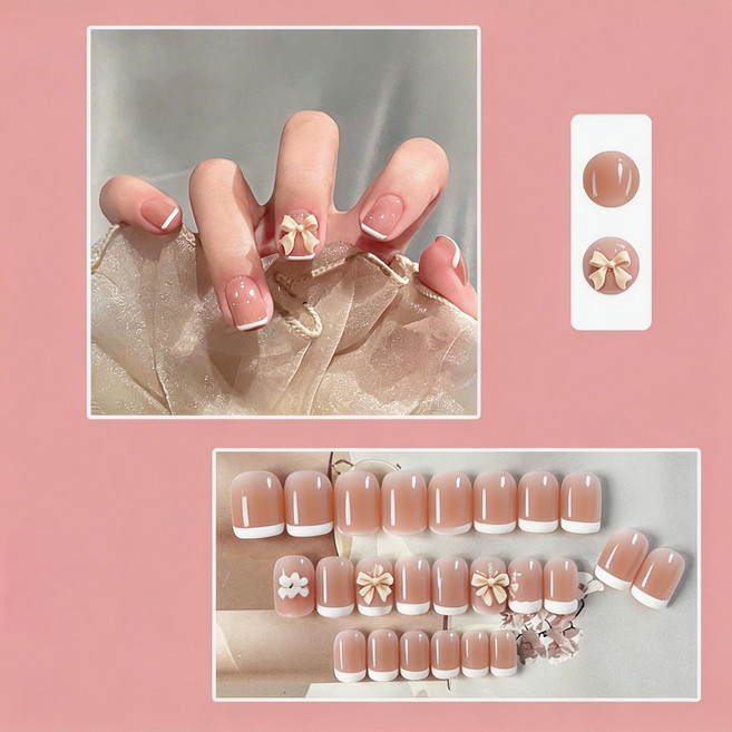 FAINAL SENSE 착용형 인조네일 고급스러운 착용형 인조네일 네일팁 가죽 네일, 1개, 프렌치 리본