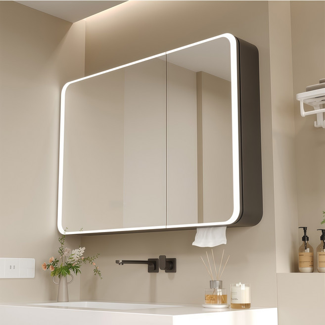 YAPOGI 스마트 카본히팅 자동제습 거울 욕실수납장, 그레이  A, 1세트