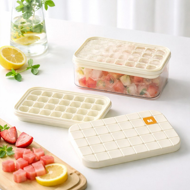 ROYAI ONE 대용량 원터치 푸쉬 얼음 트레이 사각 실리콘 얼음통 세트, 1개, 화이트