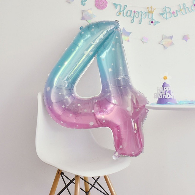 數字造型氣球 漸層色 星星點綴 生日派對裝飾, 美人魚40吋-數字4, 1個
