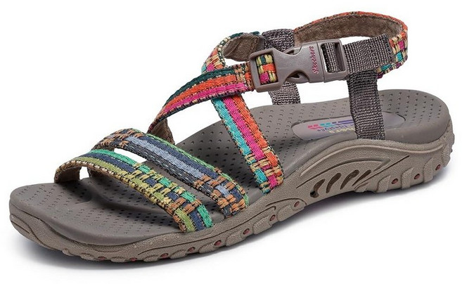 Skechers 여성 Reggae Sew Me 보헤미안 우븐 스트랩 슬링백 샌들 블랙 멀티