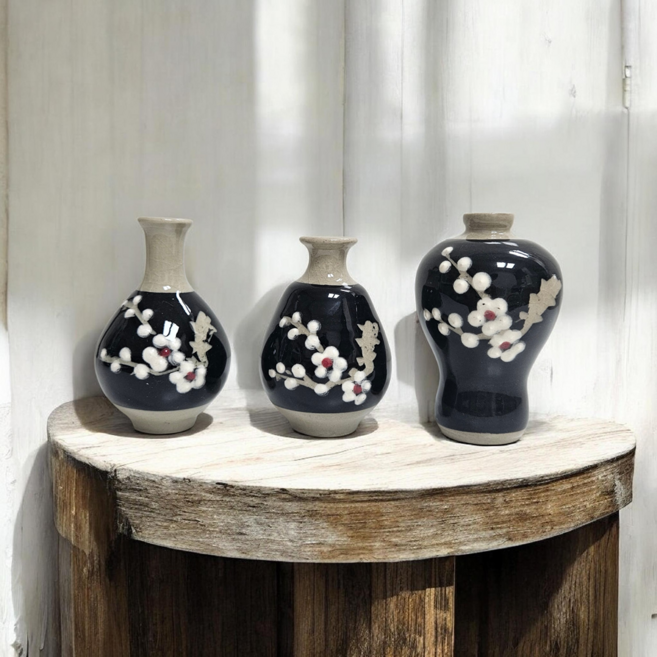 [예조] 결혼 개업선물 블랙 매화 미니 도자기 화병 3종세트 한국기념품 인테리어소품 외국인선물, 검정