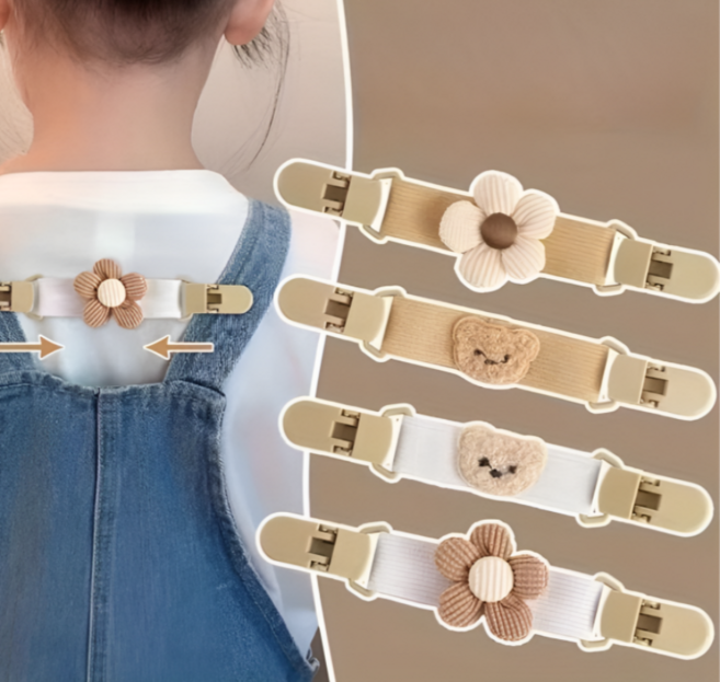 귀여운 꽃 곰돌이 디자인 멜빵 고정 클립 조절형 탄성 멜빵바지 스커트 고정 클립 4종 세트