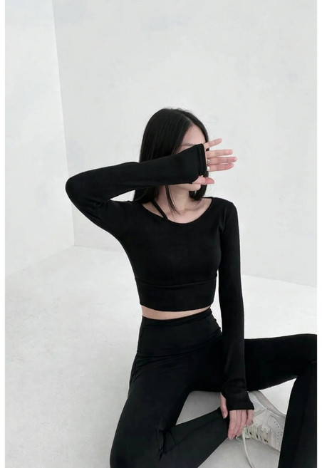 韓國製 3色肩膀線條設計長袖護手瑜珈皮拉提斯上衣-KK22