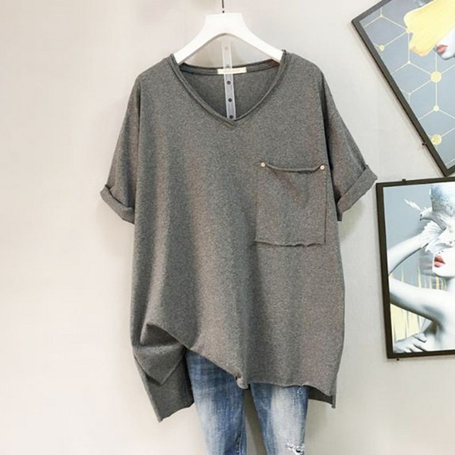 패션 순면 루즈핏 솔리드 포켓 빅사이즈 브이넥 반팔티 여성용 여름 오버핏 빅사이즈 반팔상의