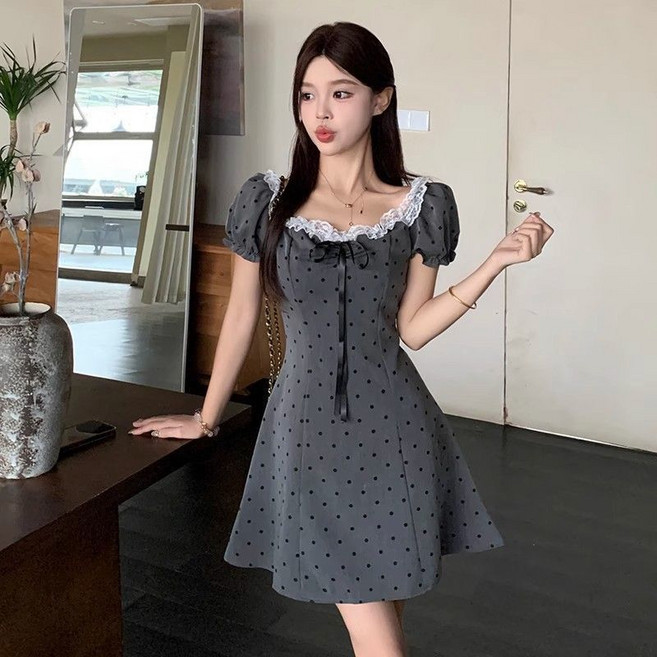 BIKASU 여성 여름 반팔 미니 원피스 데일리 슬림핏 예쁜 도트 원피스