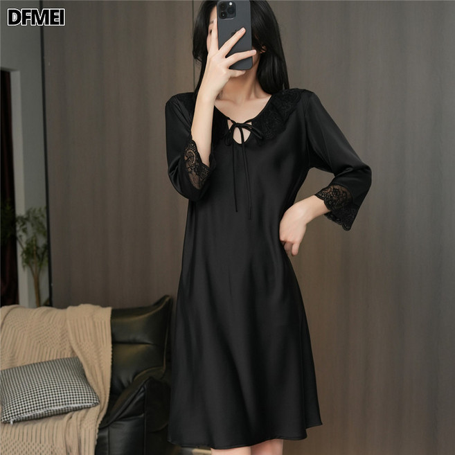 DFMEI 性感蕾絲美背修身冰絲睡衣女純欲風春夏季吊帶絲綢睡裙家居服