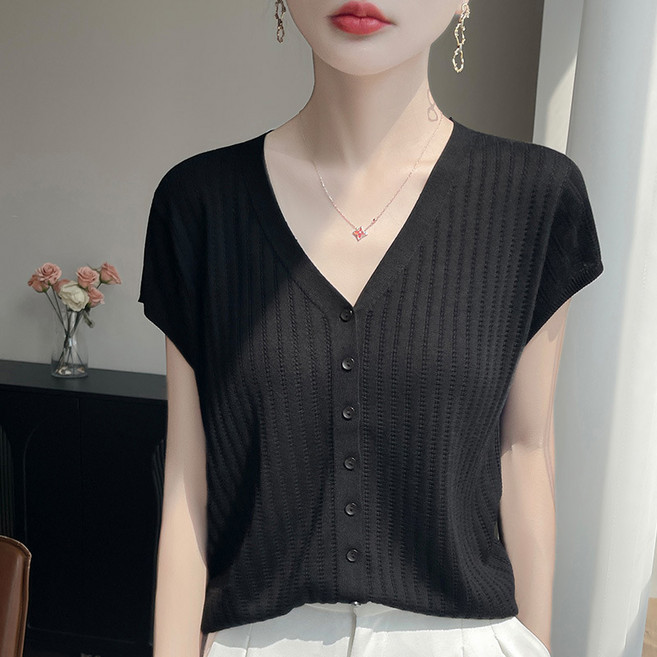 뚜니와또니 여성 텐셀 반팔 니트 가디건 슬림핏 단색 베이스 레이어