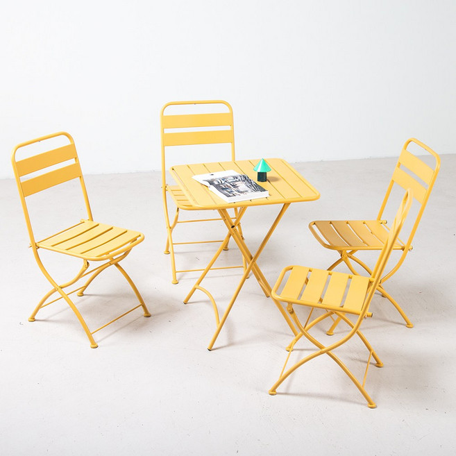 바젤 접이식 야외 사각 테이블 의자 세트 4인 철제 체어, 옐로우