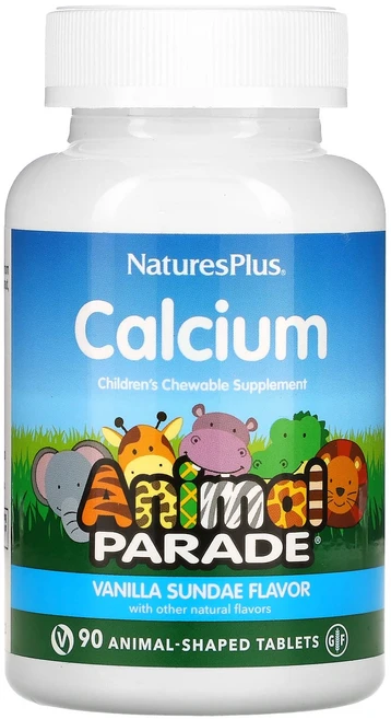 몸에 좋은 NaturesPlus Source of Life Animal Parade 칼슘 어린이용 츄어블 보충제 바닐라 선데 맛 동물 모양 90정, 1개 - 쿠팡