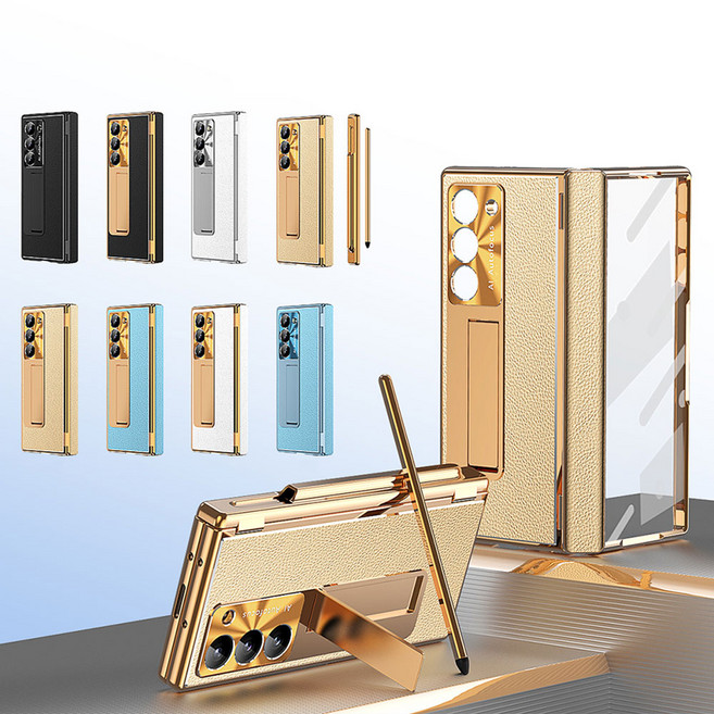 유니커블 갤럭시 Z폴드6 제트폴드 지폴드 폴더 전면 강화유리 액정필름 풀커버 더블 힌지 보호 펜포함 S펜 수납 메탈 거치대 가죽 휴대폰 케이스