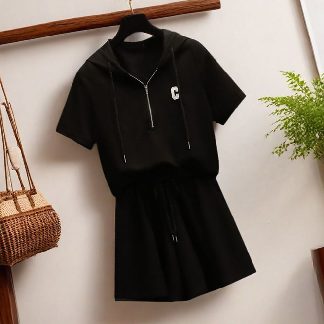 IWMAFT 여성 여름 캐주얼 투피스 세트 배색 후드 반팔 반바지 편안한 착용감 CG451