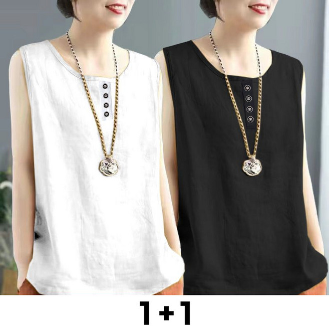 Neirny 1+1 중년 여성 빅사이즈 나시 티셔츠 여름용 엄마룩 스판 냉장고 라운드 끈나시 아웃도어 이너 심플 기질 루즈핏 풀오버 민소매 상의 2매입