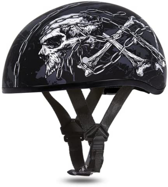Daytona Helmets 3/4 성인용 오픈 페이스 오토바이 헬멧 - DOT 승인 베스파 남성용 듀얼 바이저 여성용 레트로 카스코 모페드 크루저 보버 및 차퍼용, 무딘 블랙, 스컬 체인