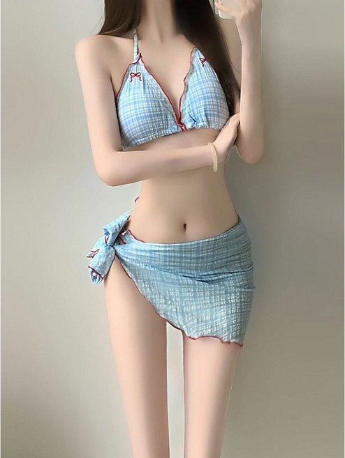 格紋三件式比基尼 可愛蝴蝶結綁脖泳衣 附罩裙 顯瘦泳裝, e80-藍色格子 均碼【40～55kg】, 藍色格子