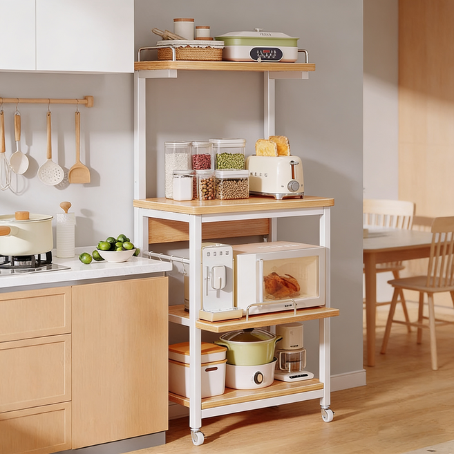 주방 다용도 렌지대 수납선반 조립식 전자레인지 오븐 에어프라이어 다층 정리 스탠드 대용량 주방수납장, 4단, 원목색