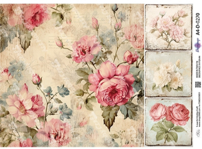 S-mai Art Hobby Craft 蝶古巴特專用紙 A4 復古花卉圖案 拼貼藝術紙 D-0266至D-0270, D-0270專用紙,A4