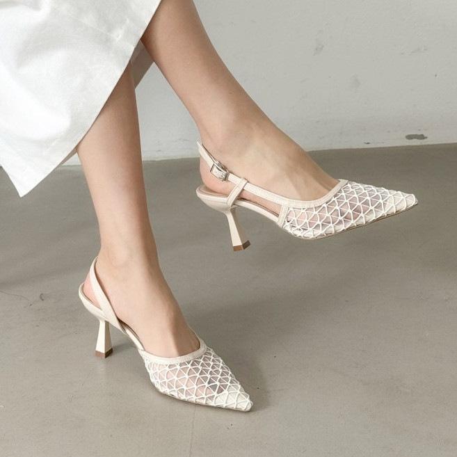 슈뿐 여성 메쉬 슬링백 힐 샌들 스틸레토 뾰족코 발편한 여름 구두 7cm