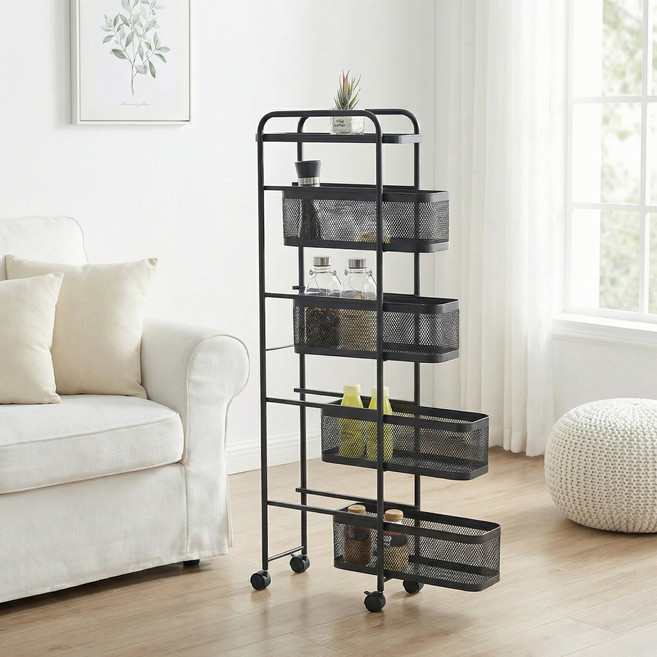 리빙코아 이동식 철제 틈새 슬라이드 트롤리 수납 선반 다용도, 블랙, 4단