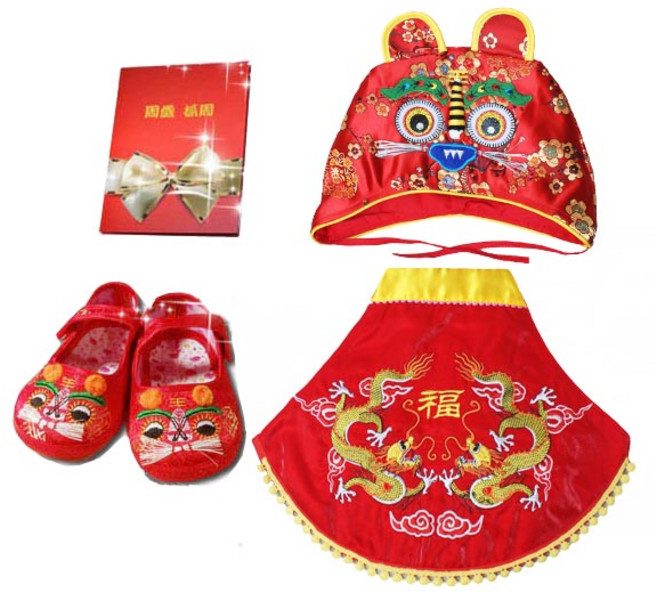 寶寶周歲禮盒套裝，傳統虎頭造型抓周慶生禮品, 虎帽+虎鞋12.5cm+經典抓周卡片+福龍肚兜, 1套