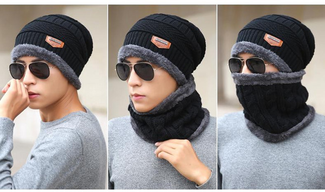 加厚加絨男士毛帽圍脖 保暖針織毛線帽 冬季必備
