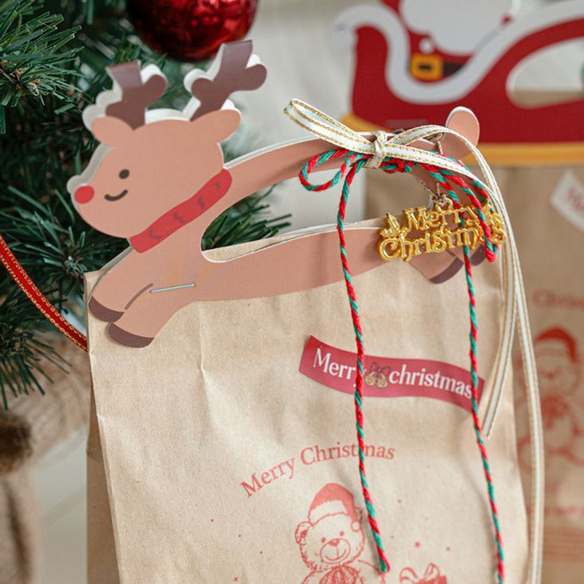 EGMI 크리스마스 선물 포장용 종이봉투 비닐봉투 opp봉투 마감 장식 태그 포장지 데코 손잡이 50P, 1세트, 루돌프