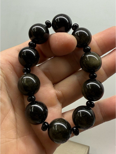天然金沙黑曜加黑瑪瑙 16mm 手珠, 1個
