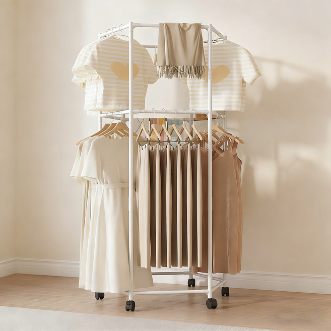 호밍사이 2단 다용도 건조대 튼튼한 이동식 360도 회전 가정용 빨래건조대, 화이트