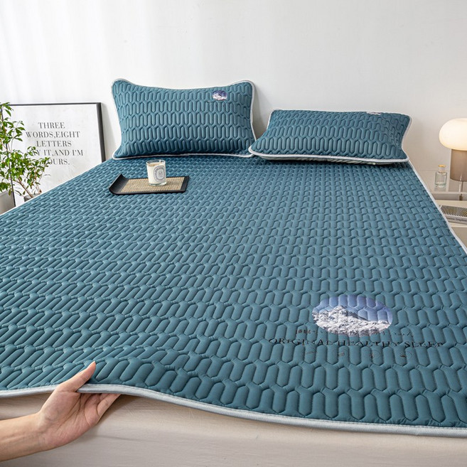 클라우드벨 아이스 실크 라텍스 냉감 패드 여름용 통기성 침대 매트리스 미끄럼 방지 냉방 침구+베갯잇, 다크블루