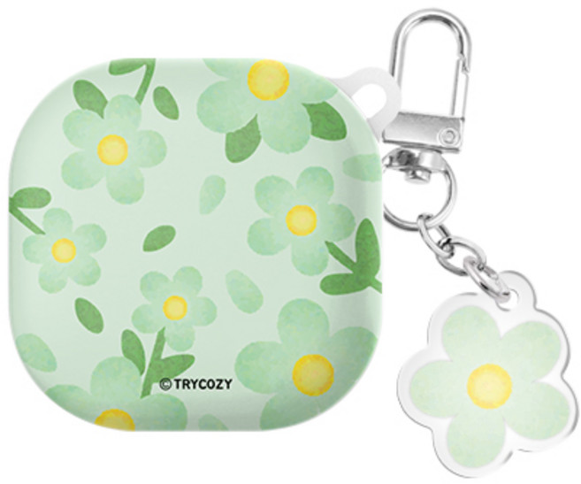 플라워드로잉 버즈라이브/버즈프로/버즈2/버즈2프로(공용) 하드 케이스 키링 세트, 플라워드로잉-그린