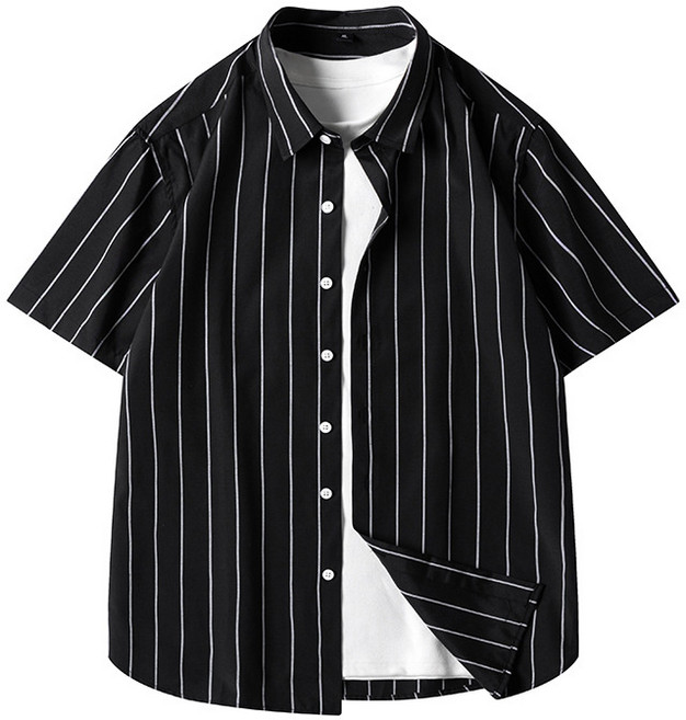 跨境合作 品牌授權 潮男士韓版修身休閒夏季短袖條紋百搭襯衫男