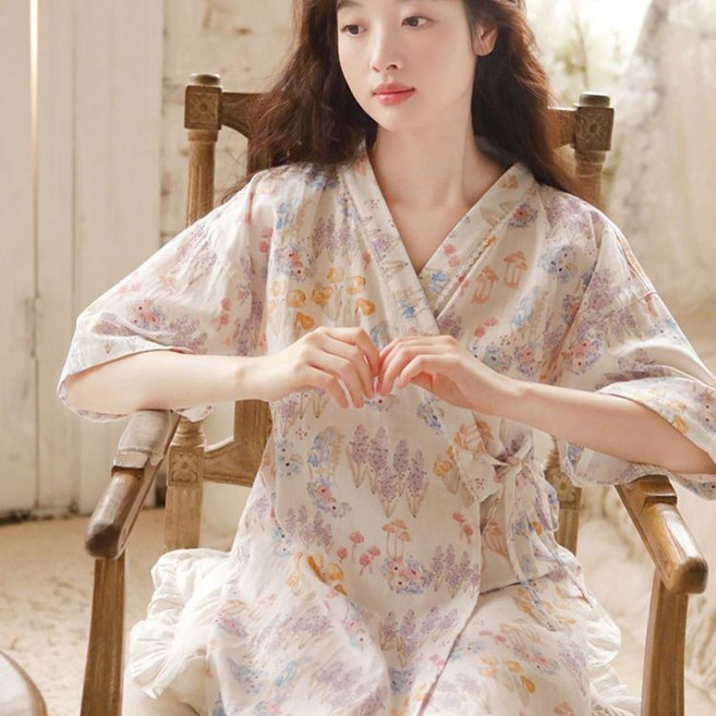夏季日系和服睡袍 草莓兔圖案短袖薄款睡衣